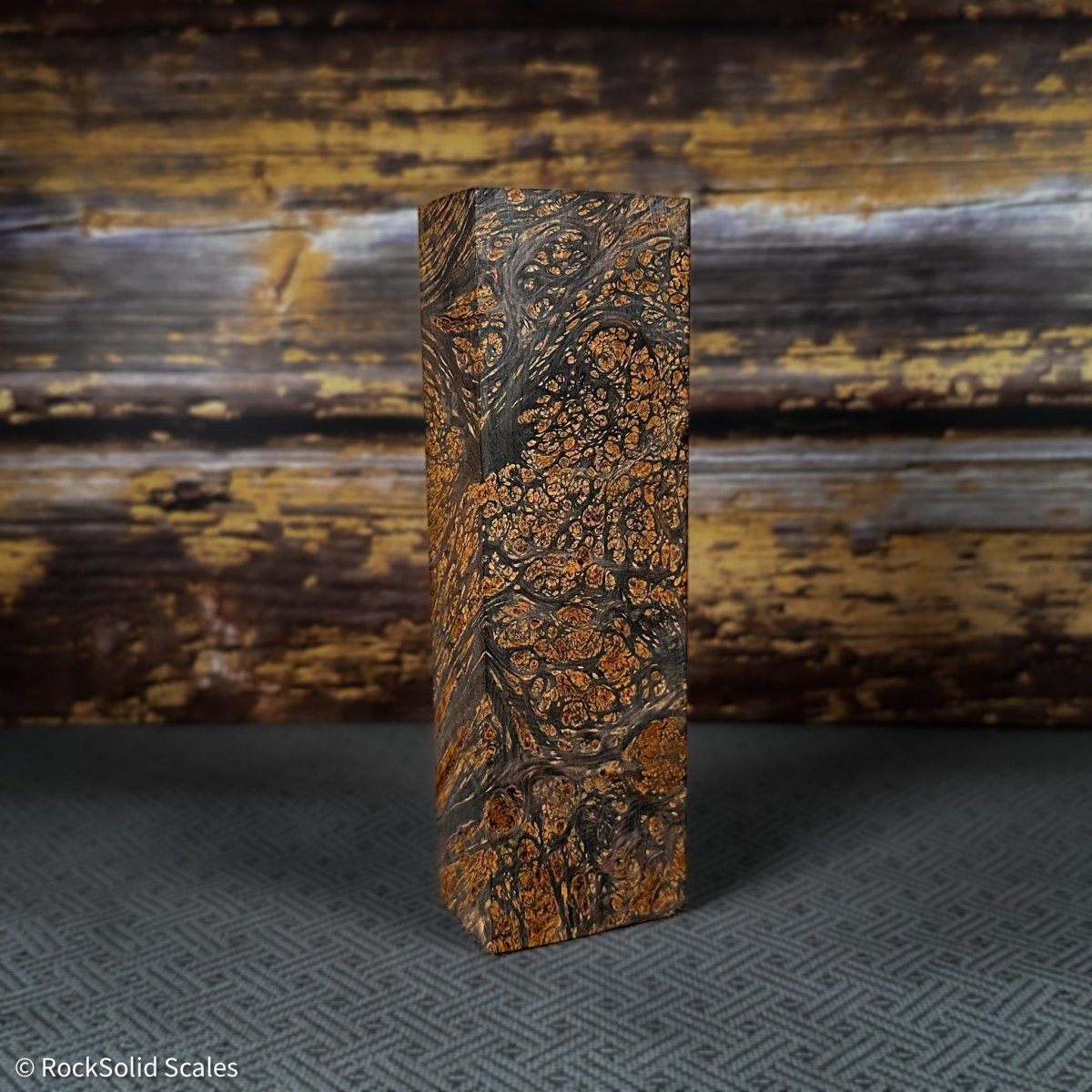 #2392 - Neon Orange and Black Doube Dyed Yellow Cedar Burl Block - RockSolid Scales -