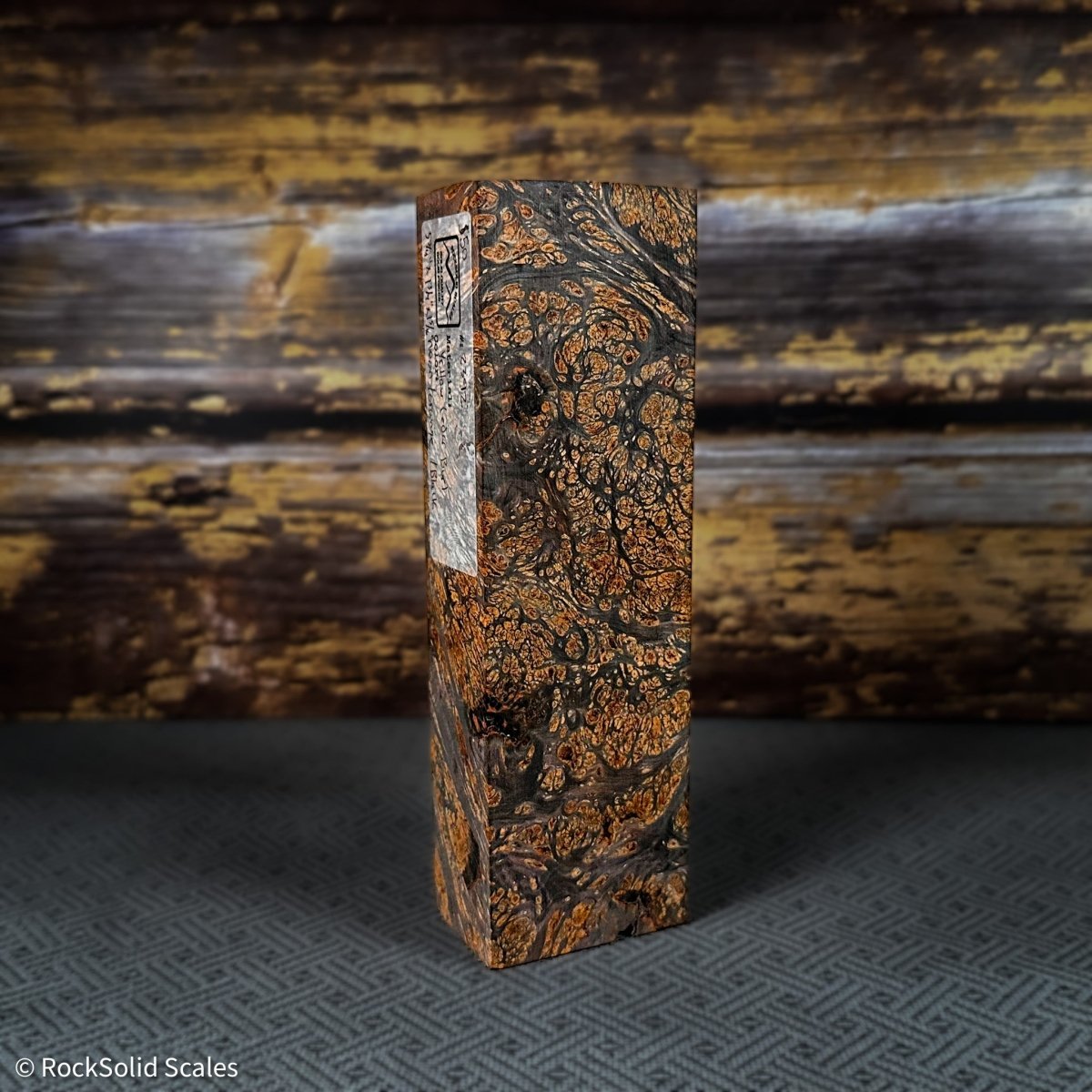#2392 - Neon Orange and Black Doube Dyed Yellow Cedar Burl Block - RockSolid Scales -