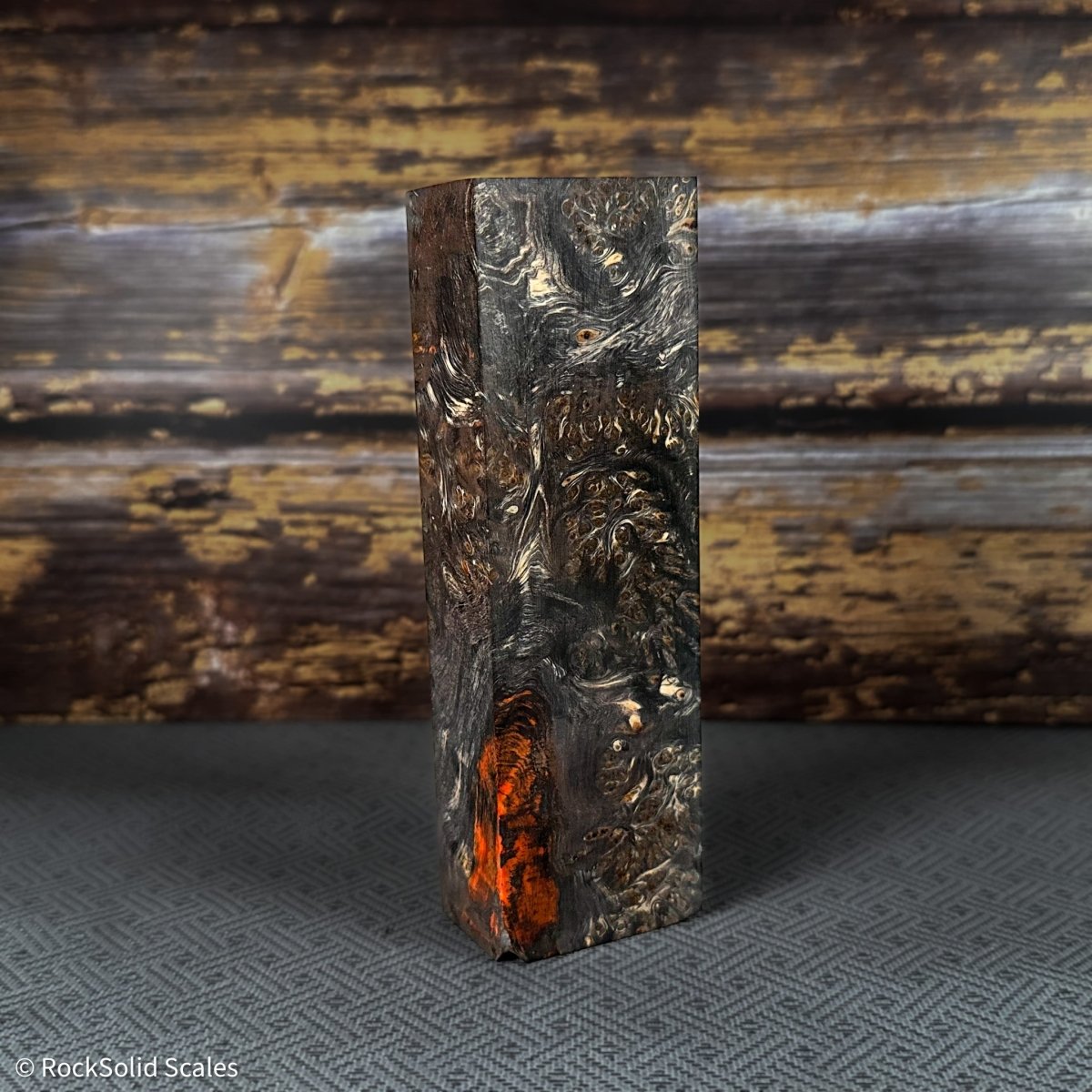 #2394 - Neon Orange and Black Doube Dyed Yellow Cedar Burl Block - RockSolid Scales -