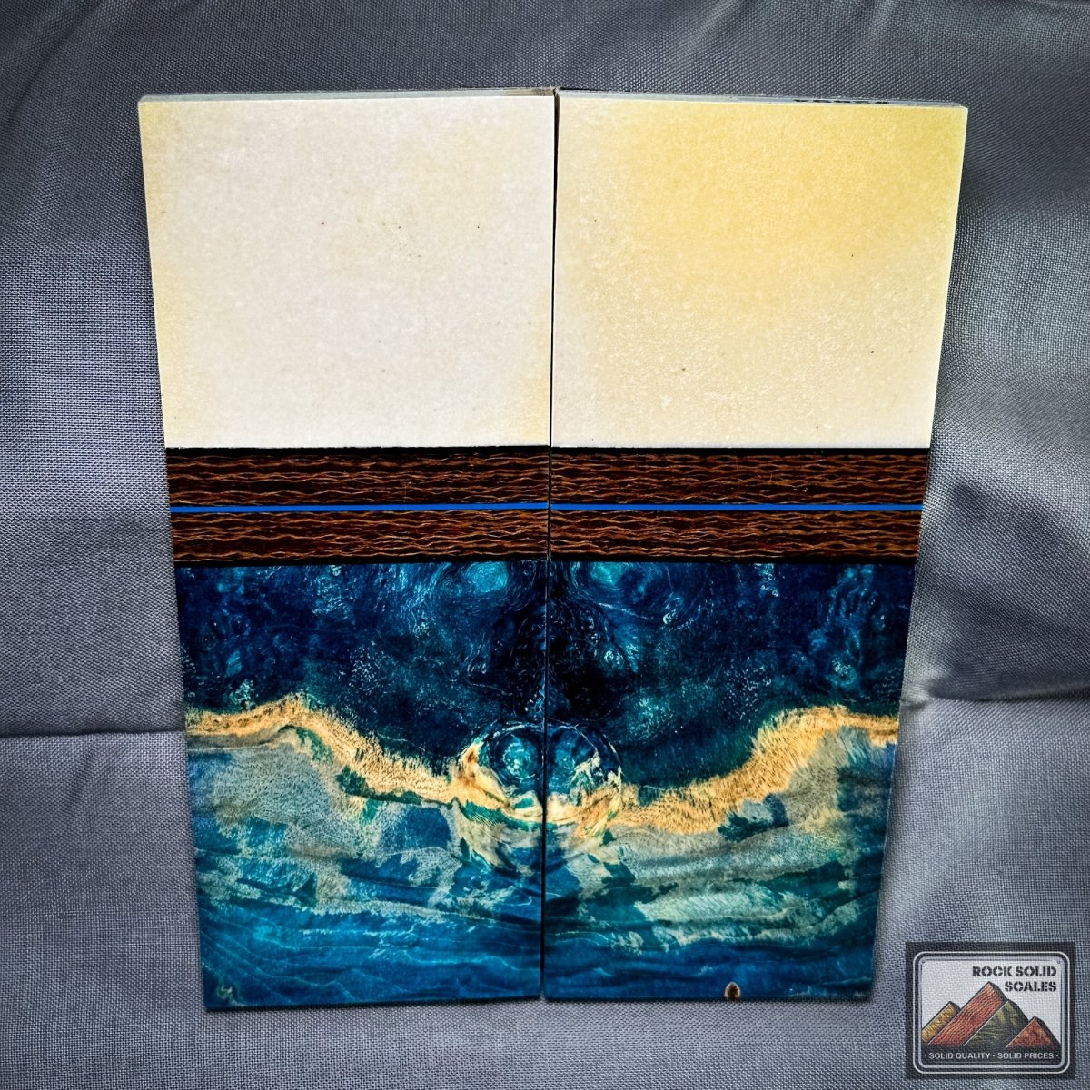 Tri-Color Ivory Paper Micart and Sea Blue Box Elder Burl - RockSolid Scales -